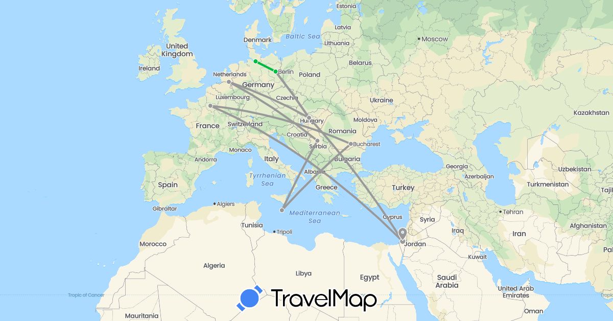 TravelMap itinerary: driving, bus, plane in Germany, France, Hungary, Israel, Malta, Netherlands, Romania, Serbia (Asia, Europe)