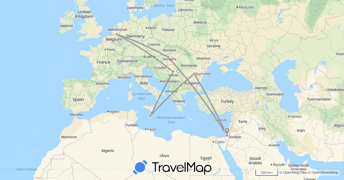 TravelMap itinerary: plane in Hungary, Israel, Malta, Netherlands, Romania, Serbia (Asia, Europe)