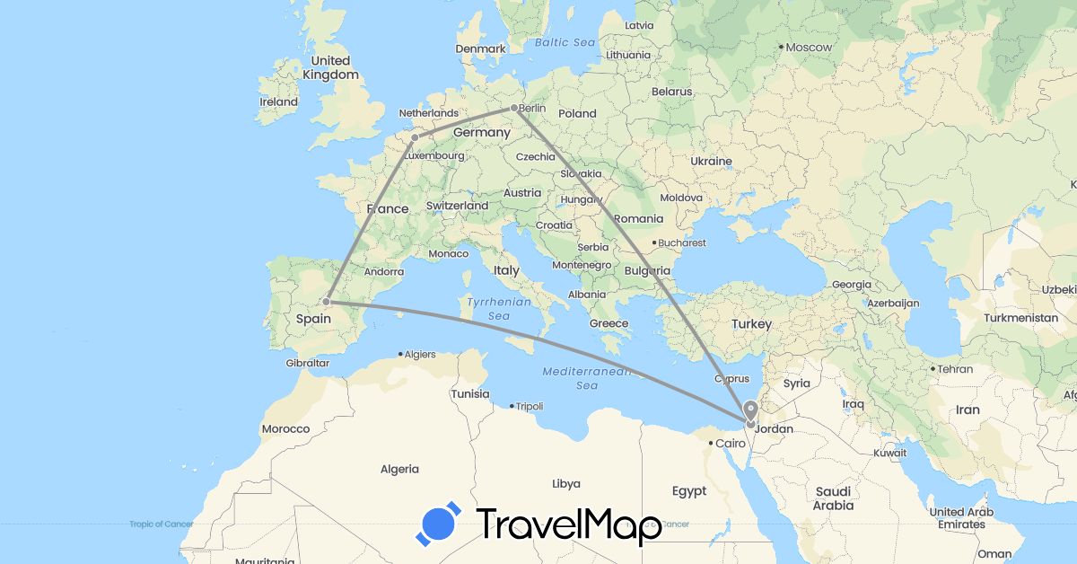 TravelMap itinerary: driving, plane in Belgium, Germany, Spain, Israel (Asia, Europe)